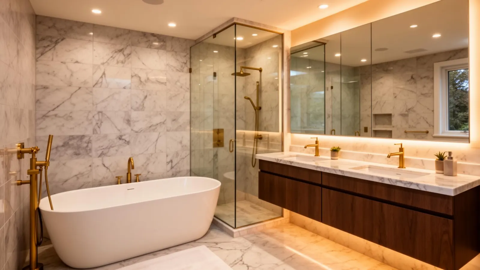 Luxury primary bathroom remodel in Atlanta with marble shower and premium fixtures