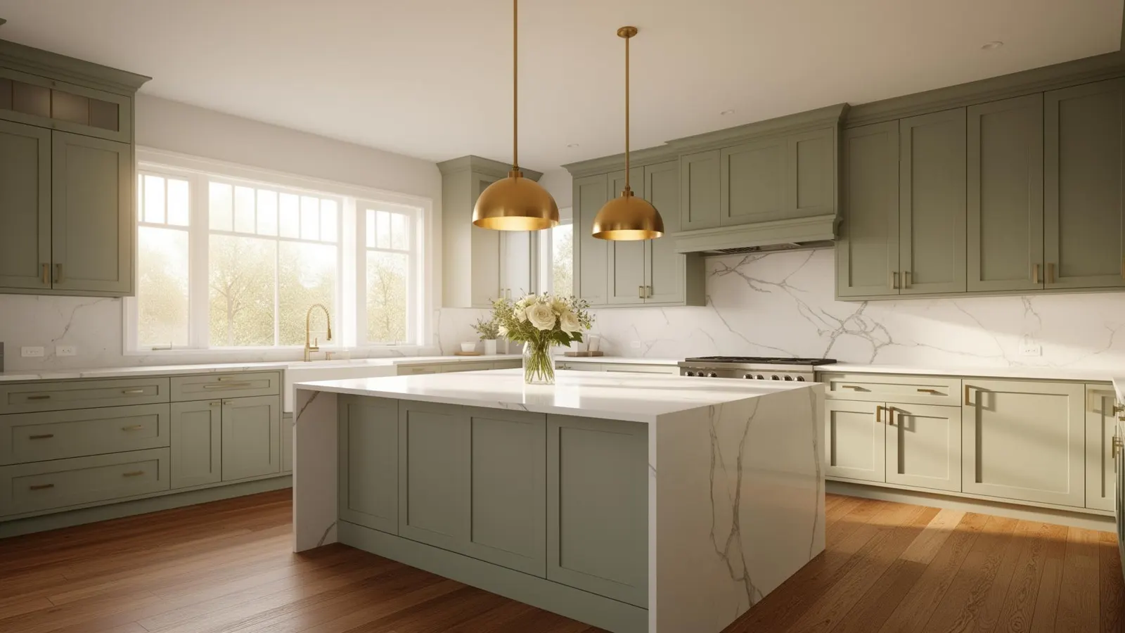 Luxury kitchen remodel in Atlanta with sage cabinetry, marble island, and pendant lighting