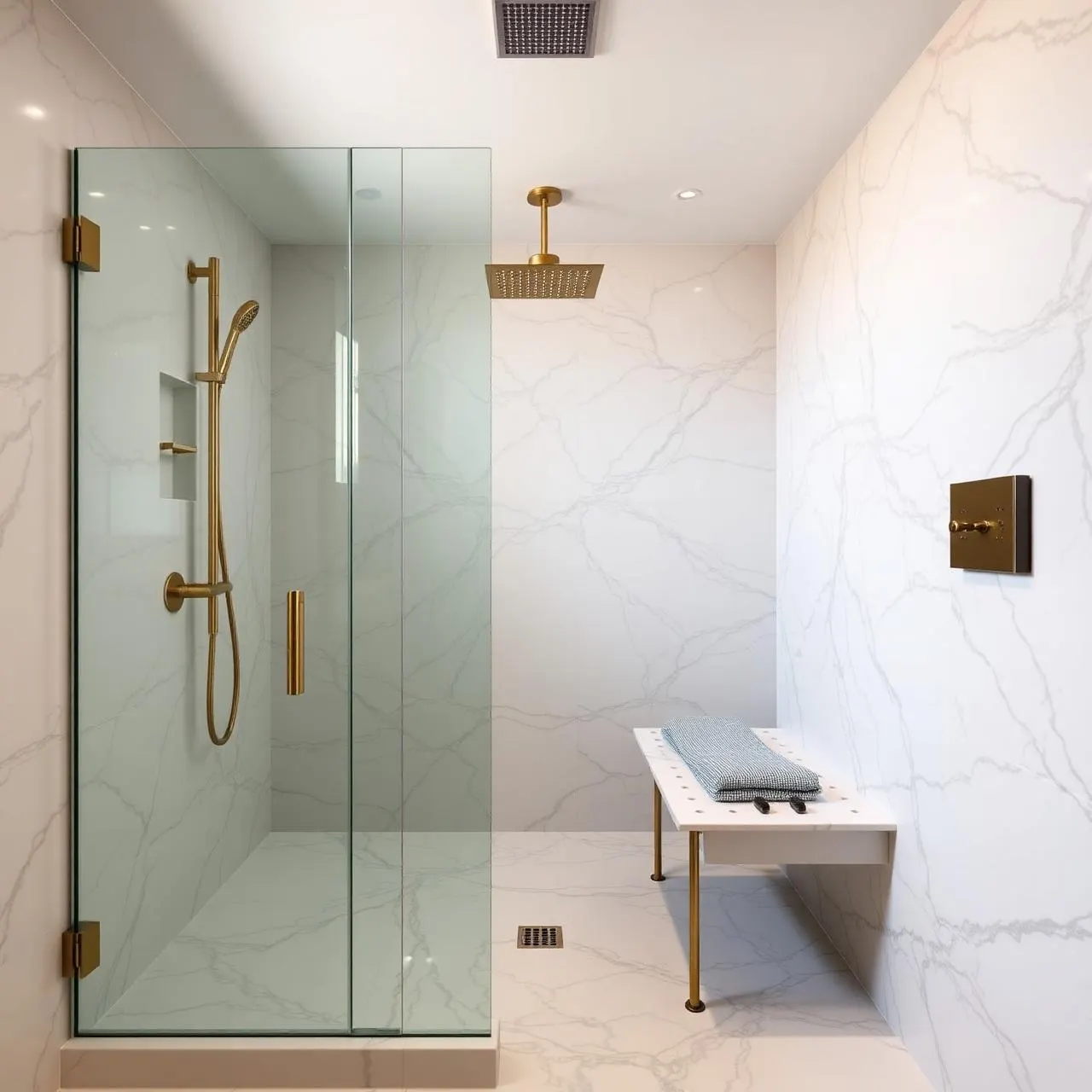 Walk-in marble shower with rain showerhead