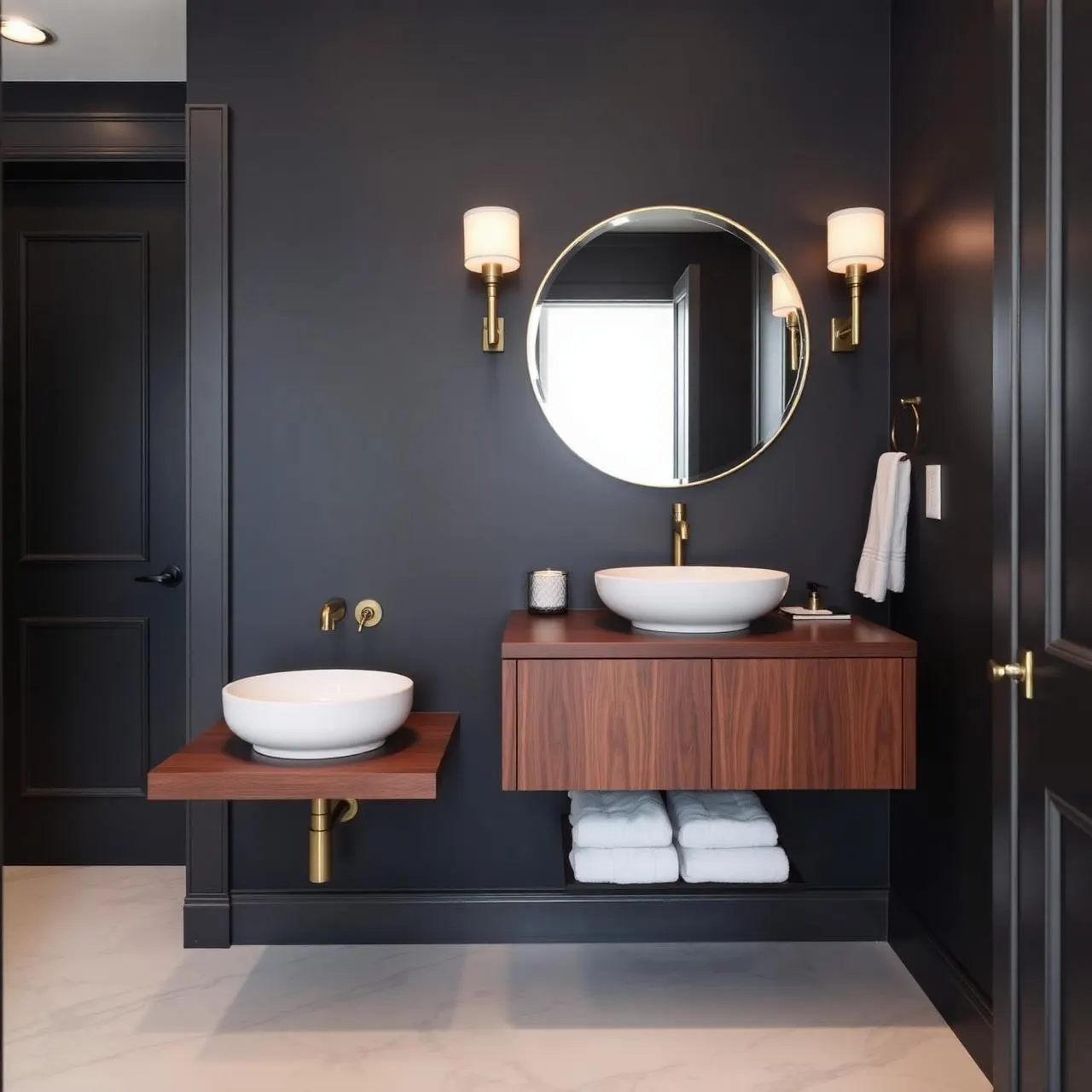 Moody powder room with walnut vanity