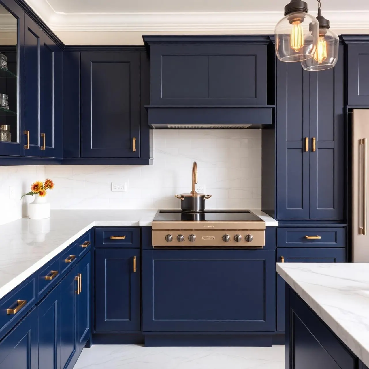 Navy blue kitchen with premium cabinet hardware