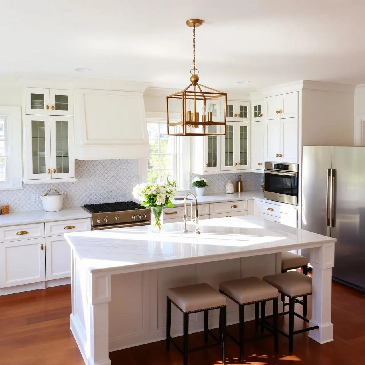 White kitchen with classic lantern pendant